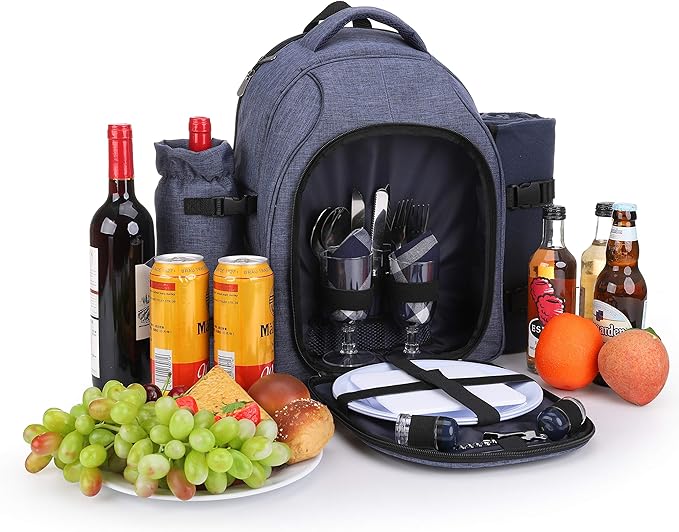 Apollo Walker Picnic Backpack Bag for 2 Person with Cooler Compartment, Detachable Bottle/Wine Holder, Fleece Blanket, Plates and Cutlery Set (2 Person, Navy)