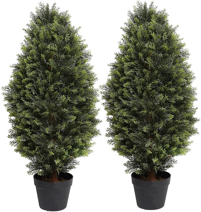 3FT Artificial Cedar Topiary Trees, Fake Cypress Trees Faux Pine Shrubs Plants, Evergreen Plants for Home Porch Decor Set of 2