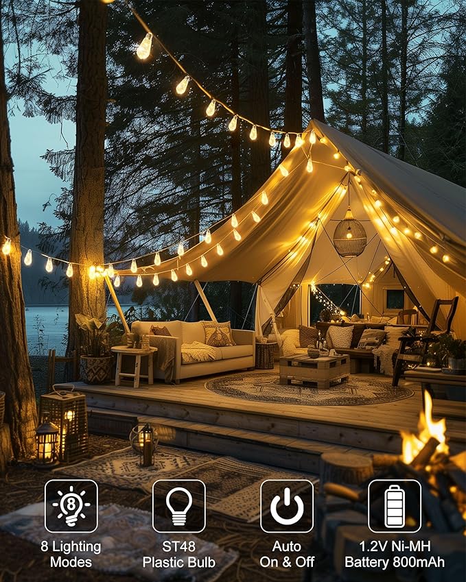 Brightown 30FT Solar String Lights Outdoor with 15 Shatterproof Bulbs, 8 Light Modes Vintage Hemp Rope LED Patio Lights, Waterproof Hanging Lights for Porch Garden Café Bistro Decor, Warm White