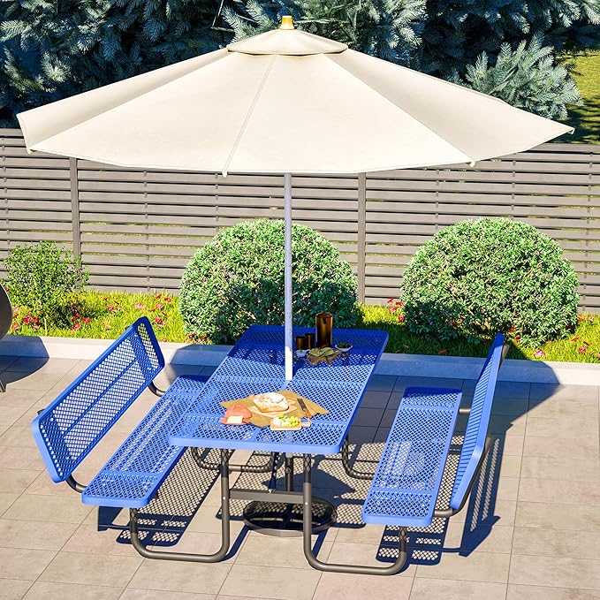79'' Steel Rectangular Picnic Table for Outdoors, with backrest, Expanded, Lifetime Picnic Table with Umbrella Hole, Heavy Duty Sturdy Commercial Picnic Tables for Garden Courtyard BBQ, Blue