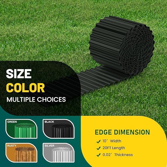 Corrugated Metal Garden Edging, 10"×20Ft Durable Landscape Border for Garden, Lawn, Flower Beds and Paver Edging (Black)