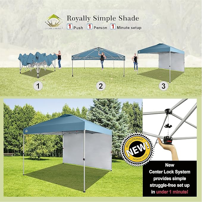 CROWN SHADES 10x10 Pop Up Canopy with 1 Side Wall - Beach Tent with One Push Setup - Outdoor Sun Shade for Events, Parties, Camping - Gazebo with STO-N-Go Cover Bag (Cyan Blue)