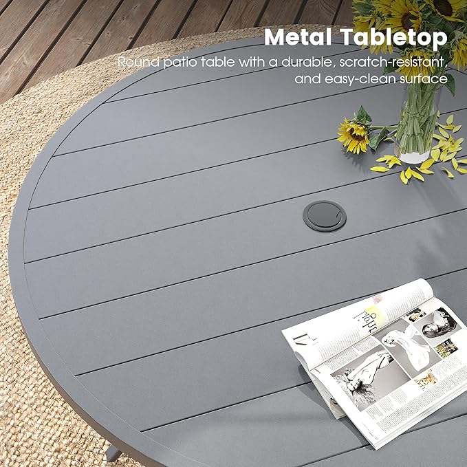 DIFY 50" Round Outdoor Patio Dining Table for 6, Metal Patio Table with 1.57" Adjustable Umbrella Hole, All-Weather Dining Furniture Table for Backyard Lawn Garden, Grey