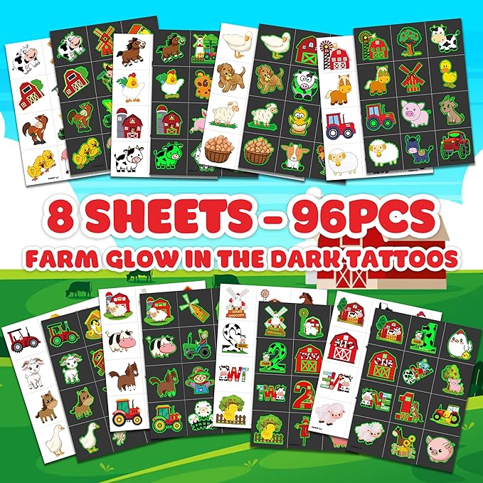 96 PCS Farm Barnyard Animal Glow In The Dark Pre-Cut Temporary Tattoos Sticker 1st First 2nd Birthday Decorations Party Favors Supplies Gift Boy Girl Farmhouse Tattoo School Reward Themed (Luminous)