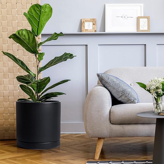 D'vine Dev 12 Inch Ceramic Planter Pot with Drainage Hole and Saucer, Indoor Cylinder Round Planter Pot, Black, 94-O-F-2