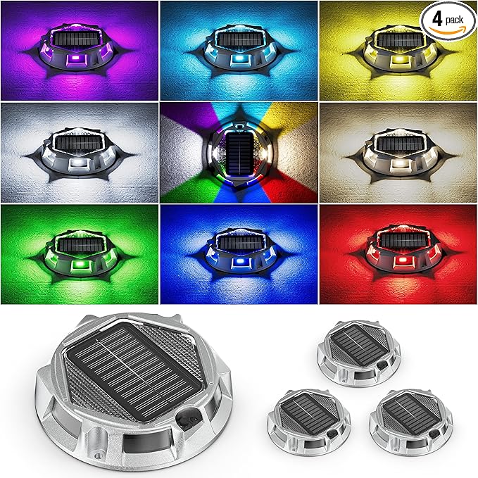 4Pack Aluminum Alloy Solar Driveway Lights, IP68 Solar Deck Light Marine Dock Lights Outdoor Waterproof, Multi-color LED Driveway Markers for Walkway, Path Decor [12Modes - Strobe/RGB/Fix-color]