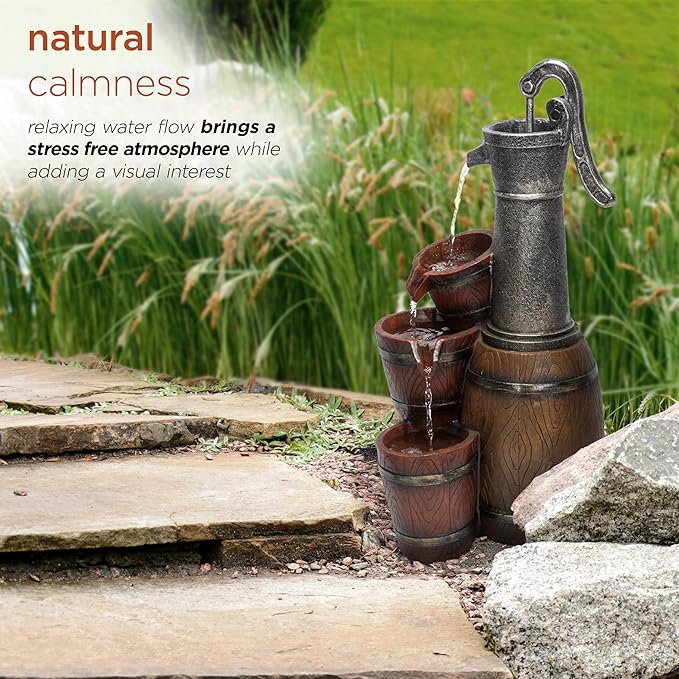 Alpine Corporation ZEN403S Indoor/Outdoor Floor Vintage Farmhouse Barrel Fountain, Rustic Waterfall for Garden, 24", Brown