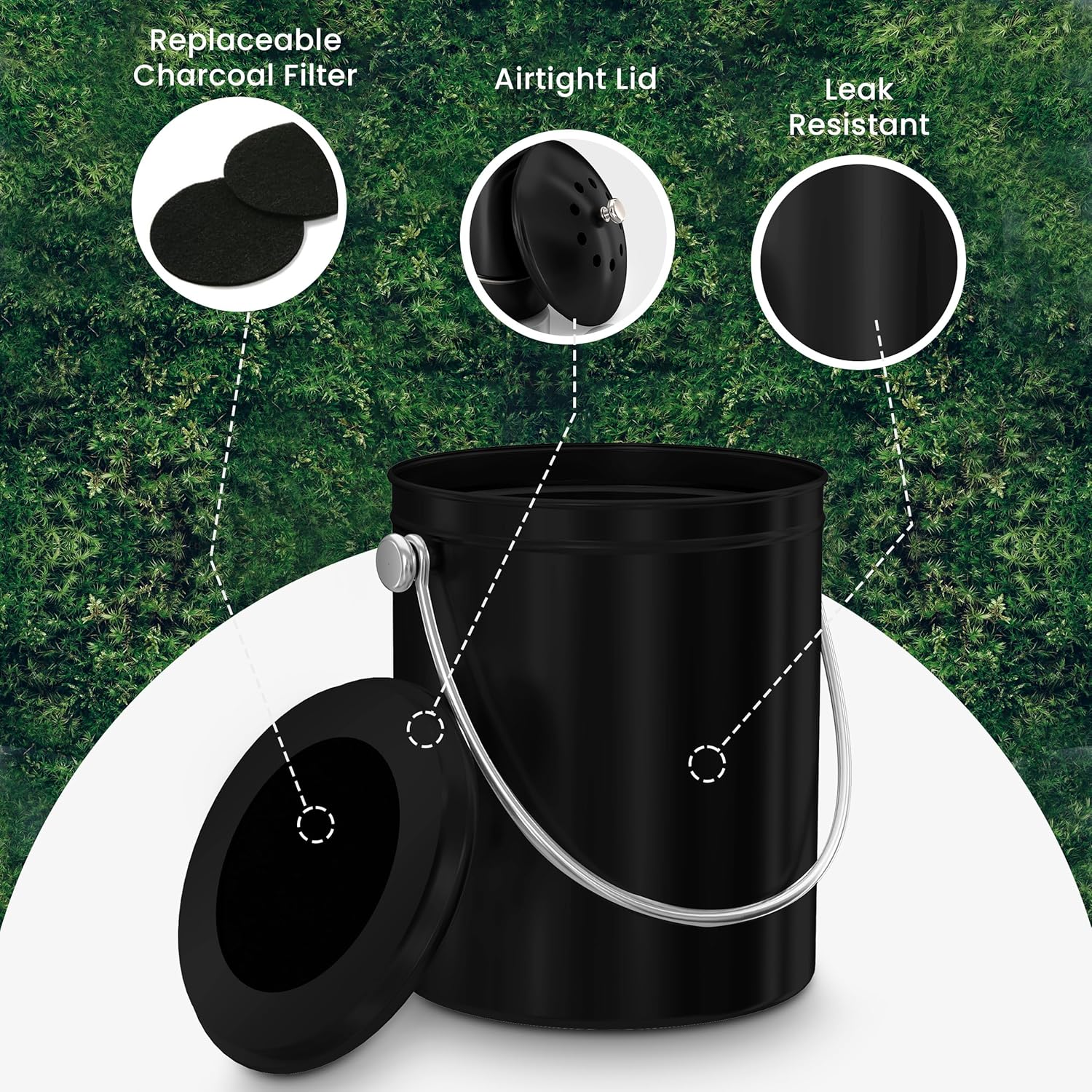 Utopia Kitchen Compost Bin for Kitchen Countertop, 1 Gallon Compost Bucket for Kitchen with Lid, Includes 1 Spare Charcoal Filter (Black)