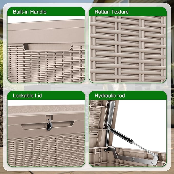 DRATO 260 Gallon Deck Box, Outdoor Large Waterproof Resin Storage Box with Lockable Lid for Patio Cushions, Gardening Tools, Sports Equipment, Light Brown