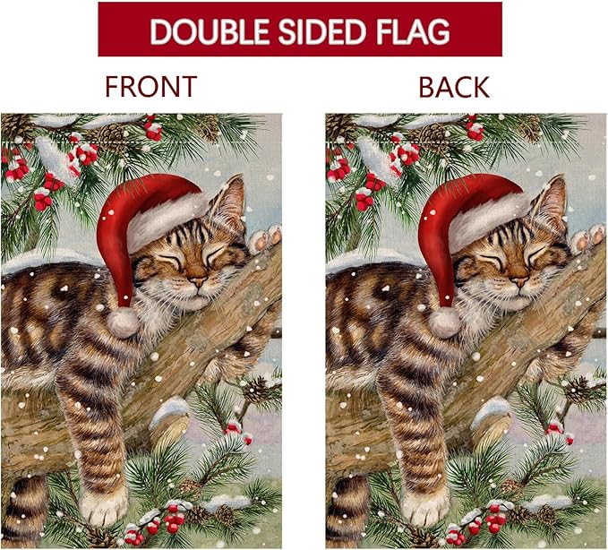 BLKWHT Winter Cat Garden Flag 12x18 Vertical Double Sided Christmas Holiday Outside Decorations Burlap Yard Flag BW738