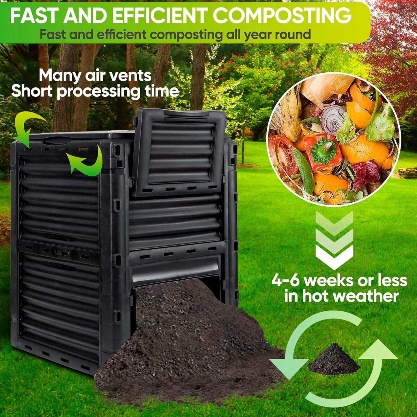 F2C Garden Compost Bin from BPA Free Material -80 Gallon(300 L) Large Compost Bin Aerating Outdoor Compost Box Easy Assembling, Lightweight, Fast Creation of Fertile Soil, Black