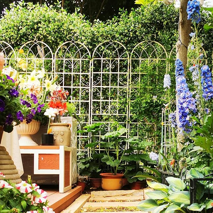 4 Pack Metal Garden Trellis for Climbing Plants Outdoor 86.7" H Cream White Garden Fence Rustproof Trellis Support Roses Flower Lawn, Off White