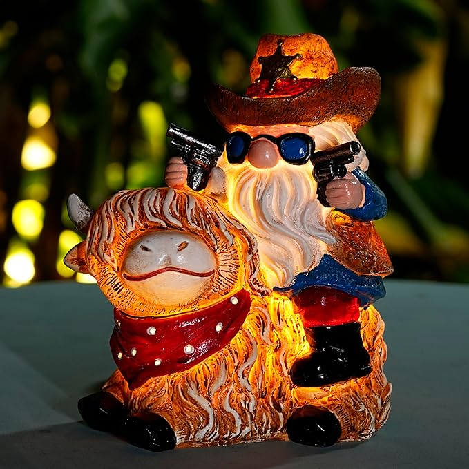 Garden Gnome Statue on Highland Cow with Solar Lights – Funny Outdoor Resin Decor for Patio, Lawn, Yard – Unique Gift for Women, Grandma, Mother's Day, Birthday, Housewarming