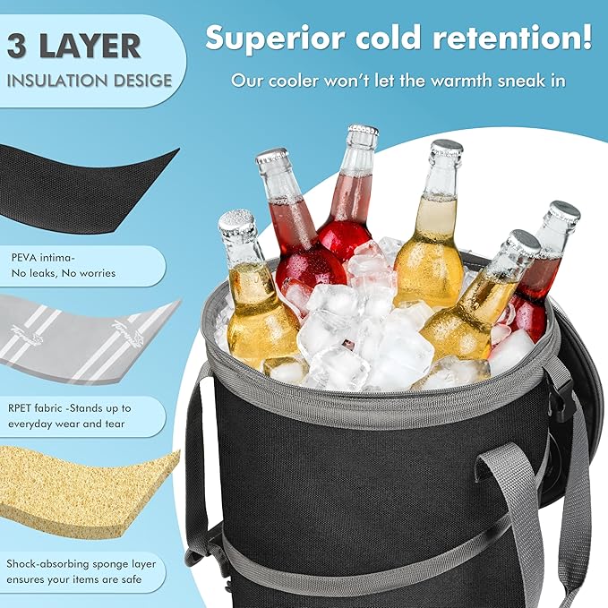 Tirrinia Large Pop-Up Golf Cooler Bag- Insulated Collapsible Cooler with Flat Drink Table for Golf Cart, Lightweight and Portable Ice Beach Cooler for Travel, Fishing, Picnics, Hiking, Camping
