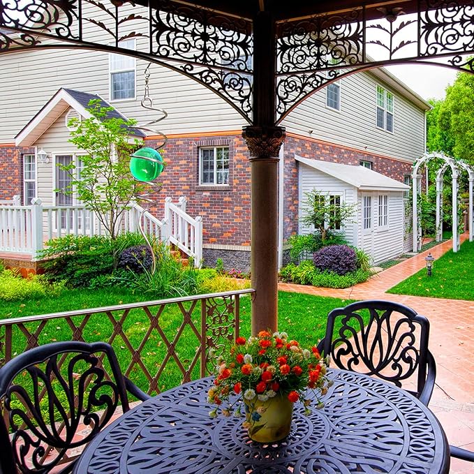 FONMY Gazing Ball Spiral Tail Wind Spinner Stabilizer with Swivel Hook 11inch Stainless Steel Tail and 2 inch Green Glass Orb. Indoor Outdoor Garden Decoration Hanging Ornaments 13 inch Height