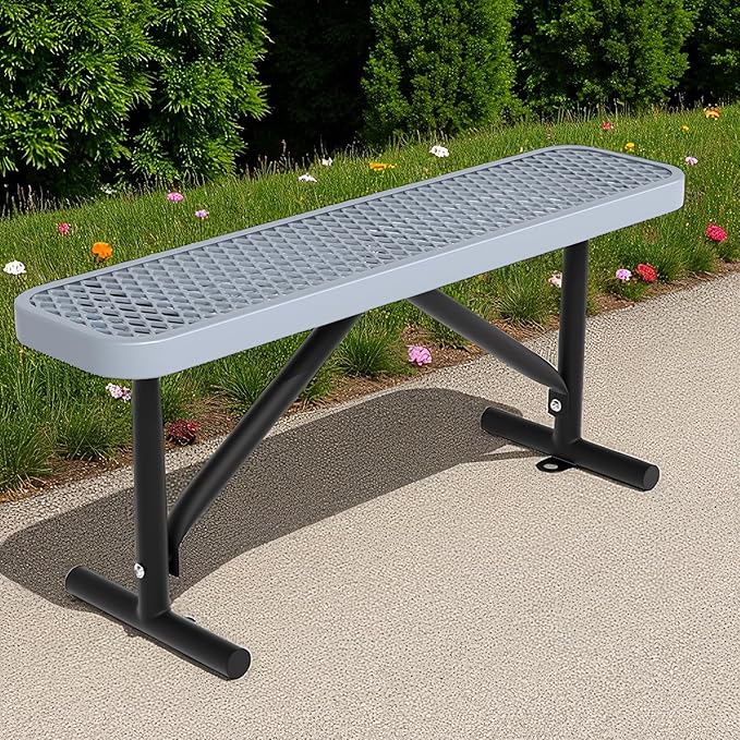 48" L Outdoor Steel Flat Bench, Heavy Duty Metal Park Bench for Outside, Expanded Metal, Commercial Benches Mesh Bench for Shopping Mall, Store, Lawn, Park, Patio, Deck, Garden (Grey, 4FT)