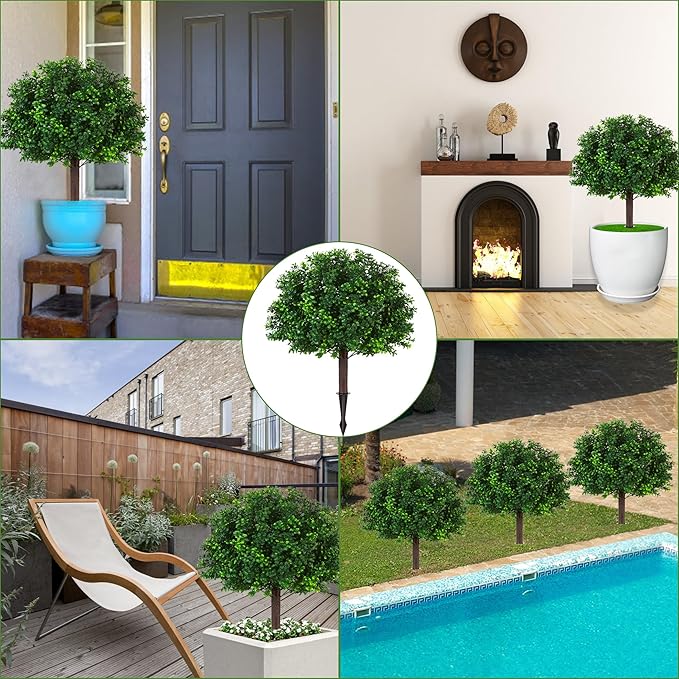 Artificial Boxwood Topiary Ball Trees, Set of 2 Artificial Boxwood Ball Bush Artificial Shrub Bushes UV Resistance Rated with Spike Fake Outdoor Plant for Front Door Decor, Home Decor, Garden