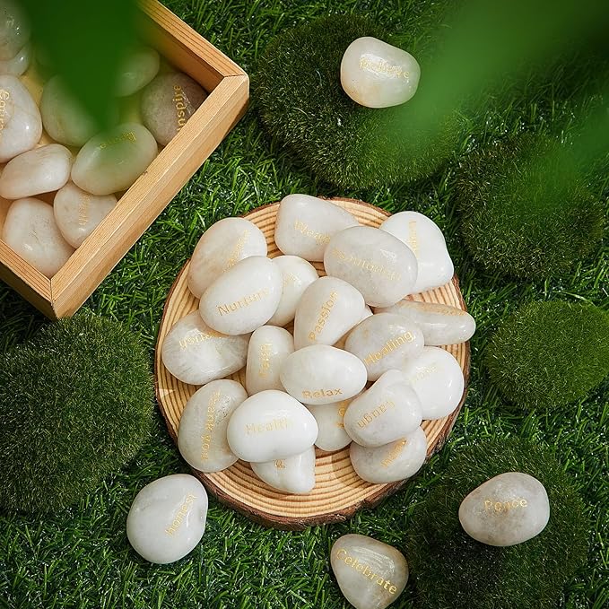 Fabbay Engraved Inspirational Stones Encouragement Motivational Rocks with Words Garden Positive Gift for Christmas Thanksgiving(White,40 Pcs)