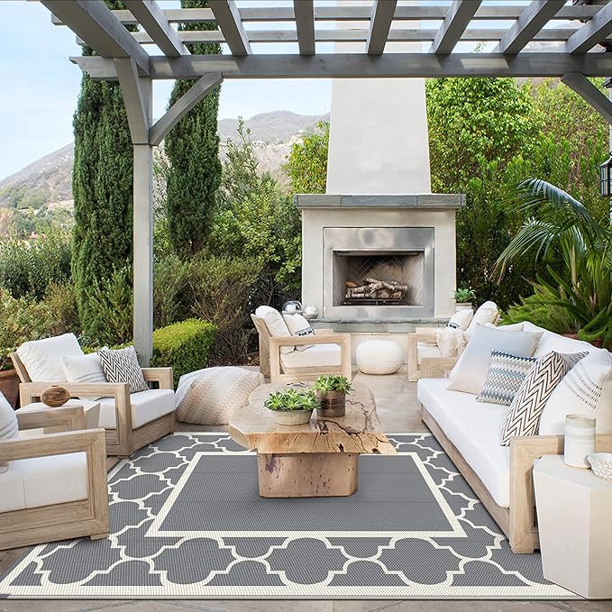 GENIMO 6' x 9' Outdoor Rug Waterproof for Patio Decor, Foldable Reversible Plastic Straw Area Rugs Mat for Camper, Outside Carpet for Rv, Deck, Porch, Picnic, Beach, Balcony, Grey & Beige White