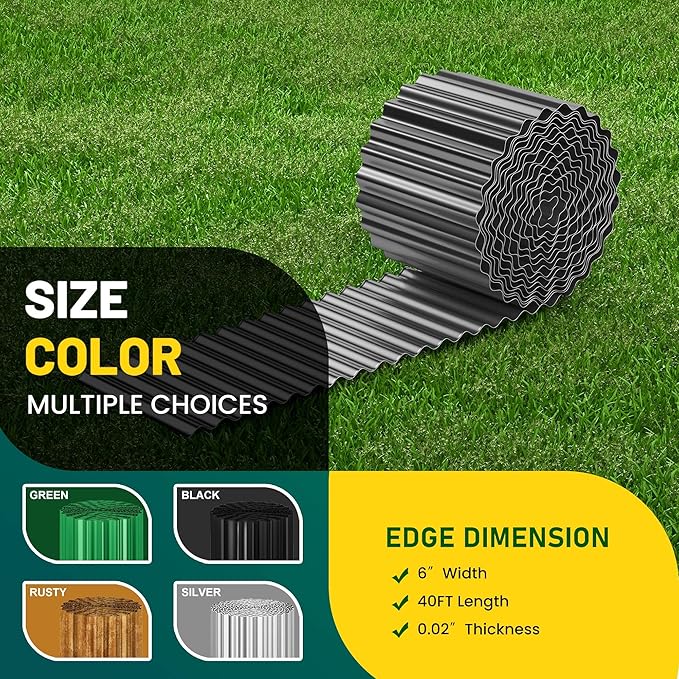 Corrugated Metal Garden Edging, 6"×40Ft Durable Landscape Border for Garden, Lawn, Flower Beds and Paver Edging (Gun Silver)