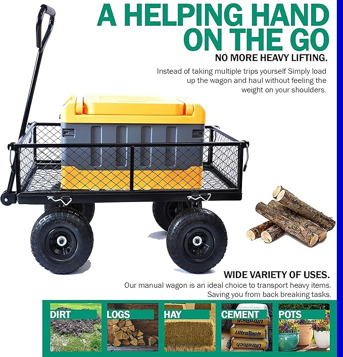 400 Lbs Capacity Mesh Steel Garden Cart Folding Utility Wagon with Removable Sides Multi-Purpose