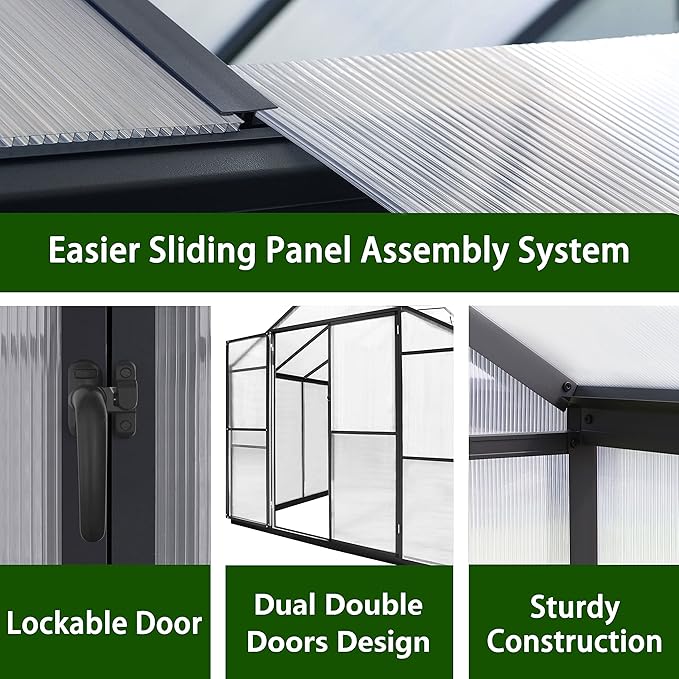 8x14 FT Green House for Outdoor, Polycarbonate Aluminum Walk-in Greenhouse Kit with Lockable Door and Adjustable Roof Vents, Backyard Garden in Winter, Gray