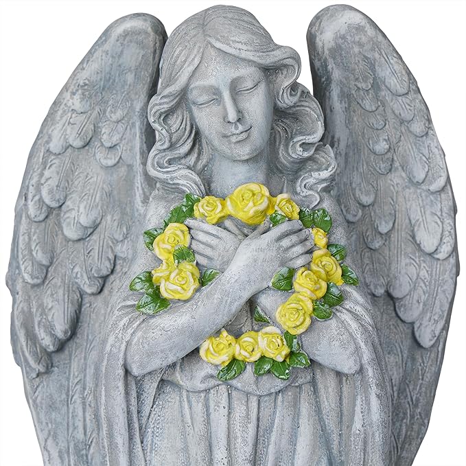 Alpine Corporation MCC832 Angel with Yellow Flower Wreath Statue, Meaningful Décor for Garden, Patio, & Lawn, 29" H, Multicolor