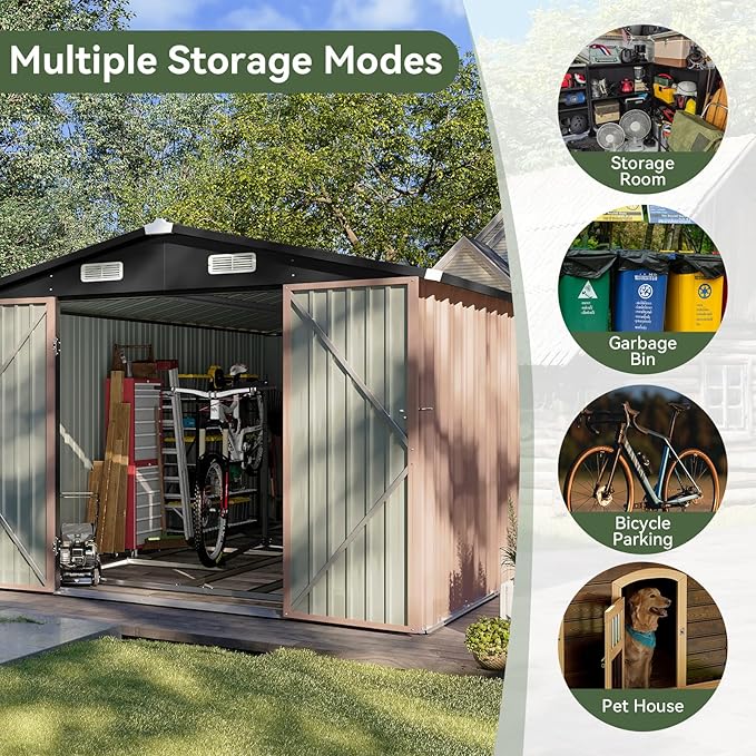 Aoxun 12x7.5 FT Shed Outdoor Storage Shed with Spacious Door Large Sheds with Double Lockable Door Galvanized Metal Shed for Garbage Can, Bike, Mower, Brown