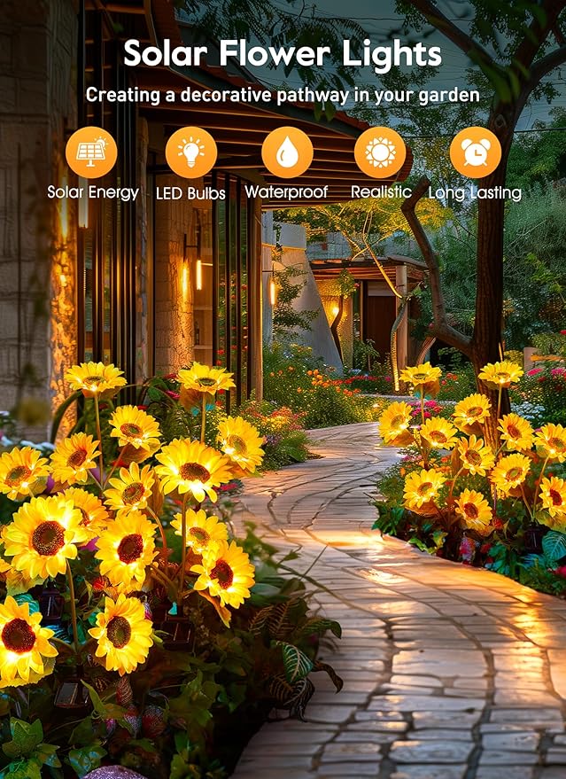 Brightown Outdoor Solar Garden Lights - 4 Pack LED Solar Flower Lights with Larger & More Realistic Sunflowers, Bigger Solar Panel, Waterproof Solar Lights for Outside Yard Patio Garden Decorations