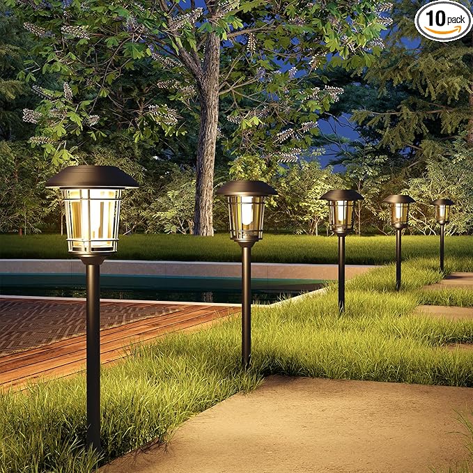 Grand patio Solar Outdoor Lights, 10 Pack, Glass Light Metal Pathway Light, Waterproof Landscape Lighting, Automatic Dusk and Dawn Sensor (Slate Gray)