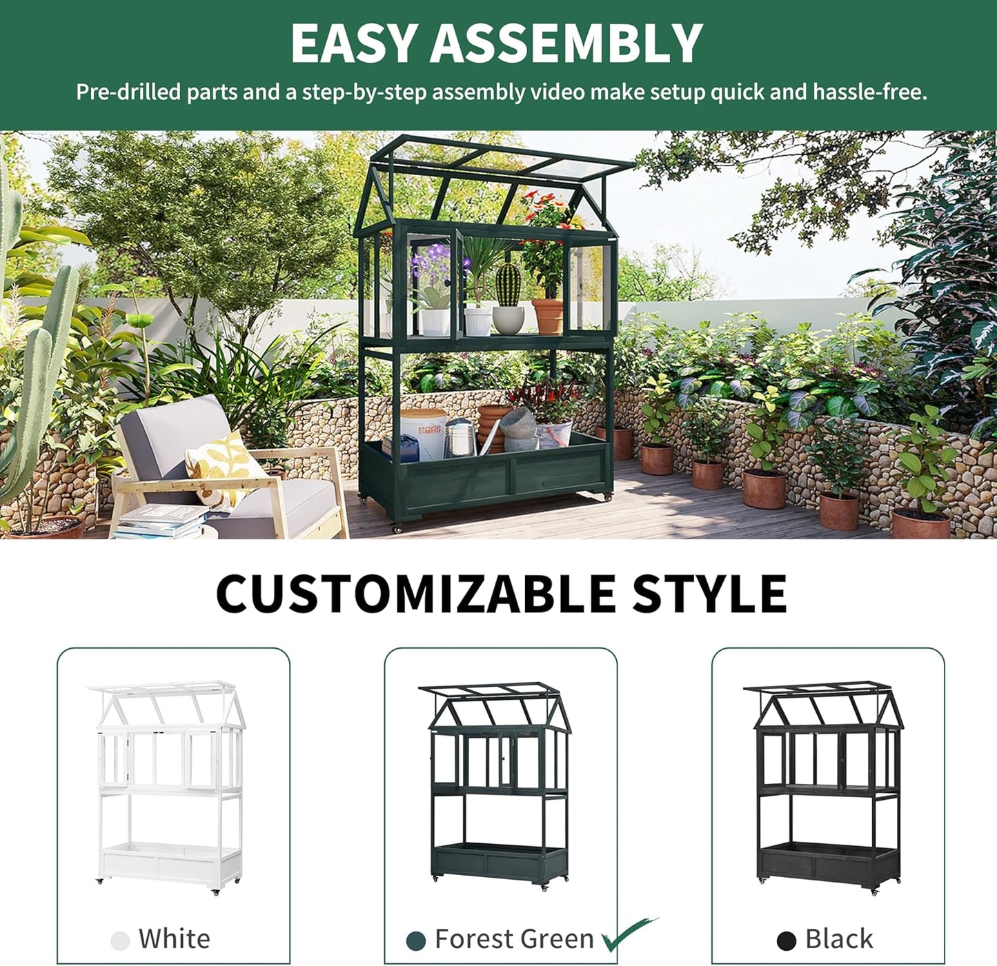 62" Wooden Greenhouse with Wheels - Adjustable Shelves Portable Cold Frame for Balcony/Patio, UV-Resistant Indoor Outdoor Plant Growing Cabinet (Large, Heavy-Duty) (Green)
