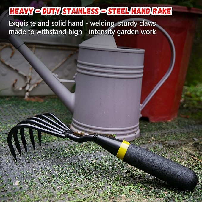 Garden Rake - Kemaier Stainless Steel Hand Cultivator for Heavy-Duty Soil Loosening, Planting, and Weed Removal
