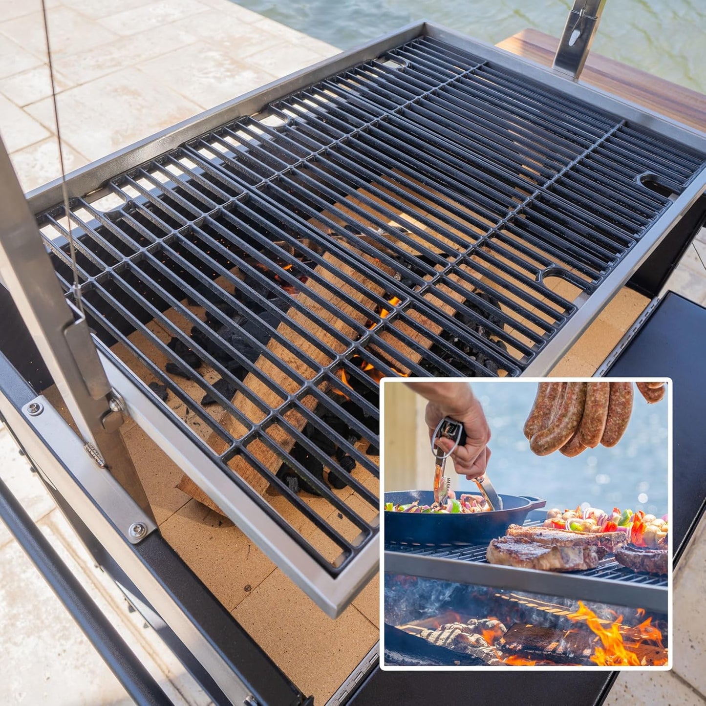 Backyard Discovery Argentine Santa Maria Heritage Wood Fire & Charcoal BBQ Grill with Adjustable Grill Grates, Fire Bricks, Heavy-Duty Steel, S-Hooks, Acacia Wood Table for Outdoor Gaucho Grilling