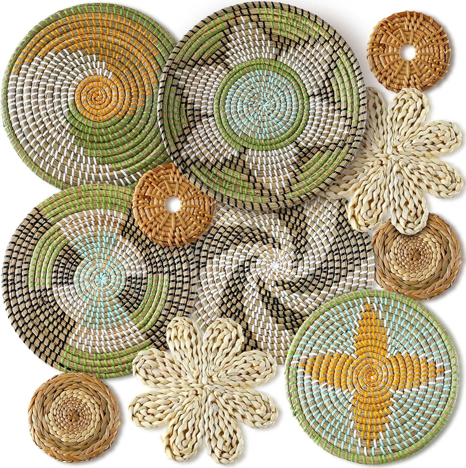 Tatuo 11 Pcs Boho Wall Basket Decor Decorative Bulrush Woven Basket Wall Decor Art Round Farmhouse Hanging Baskets for Kitchen Rustic Home Summer Decorations, Multi Sizes(Stylish)