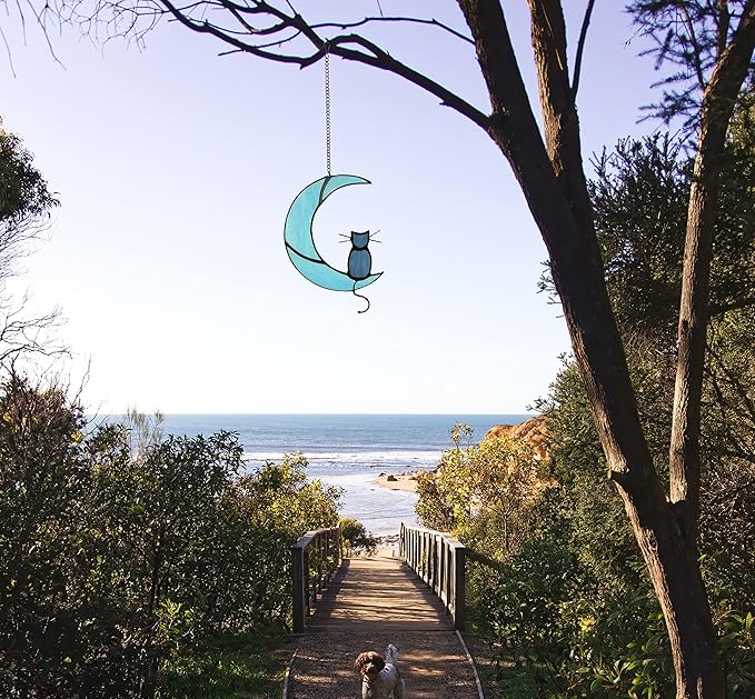 Black Cat On Bule Moon Stained Glass