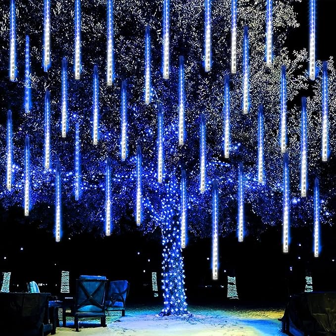 Dazzle Bright 288 LED Christmas Light, 11.8 Inch Meteor Shower Rain Lights with 8 Tubes，Waterproof Plug in Falling Rain Lights Christmas Decorations for Xmas Bushes Tree Yard Party, Blue and White