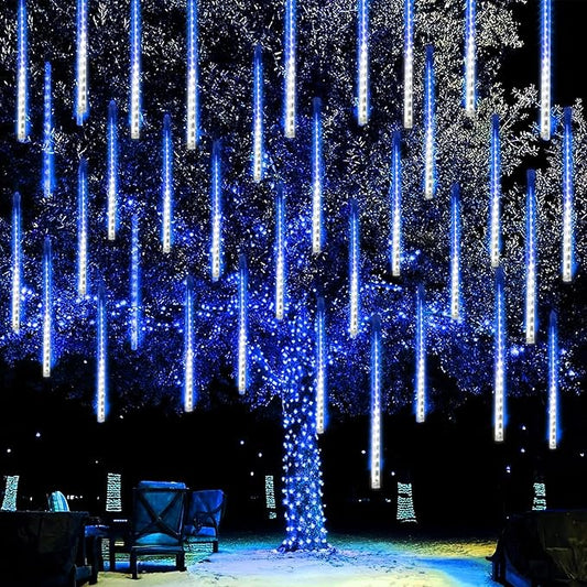 Dazzle Bright 288 LED Christmas Light, 11.8 Inch Meteor Shower Rain Lights with 8 Tubes，Waterproof Plug in Falling Rain Lights Christmas Decorations for Xmas Bushes Tree Yard Party, Blue and White