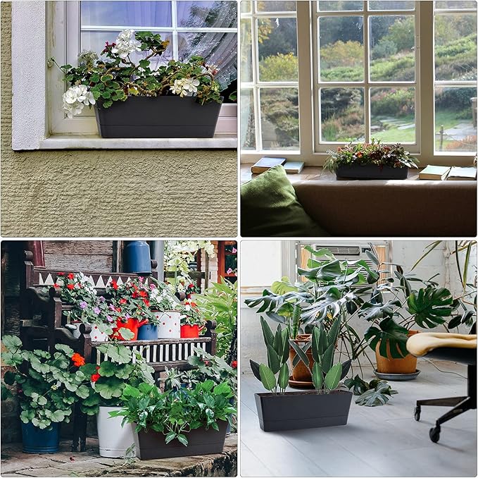 GREANER Black Rectangle Window Boxes, 3 Pack 12x3.8 Inch Herb Planters with Tray, Indoor Succulent Cactus Mint Plastic Pot for Windowsill, Garden Balcony, Office Outdoor Decoration