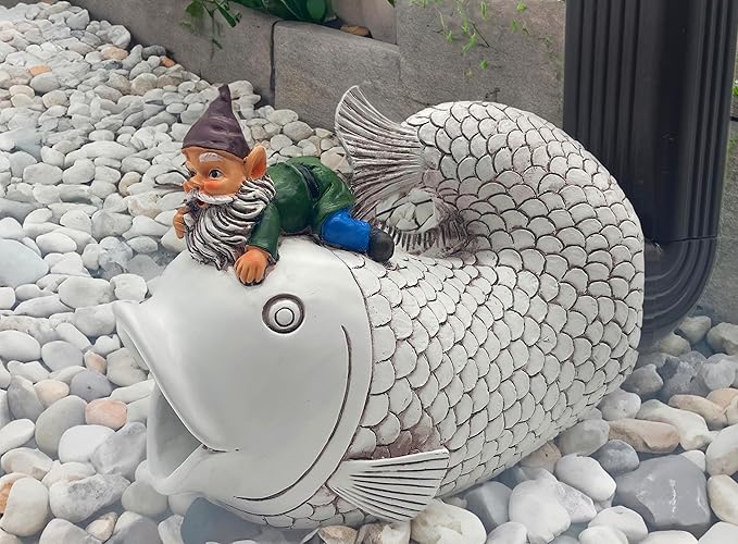 Gnome Fish Sculpture, Garden Animal Statue & Outdoor Decor, Eco-Friendly Resin Gutter Diverter Rain, Decorative Gutter Extension Downspout, Splash Block, Perfect for 3"x4" Downspouts