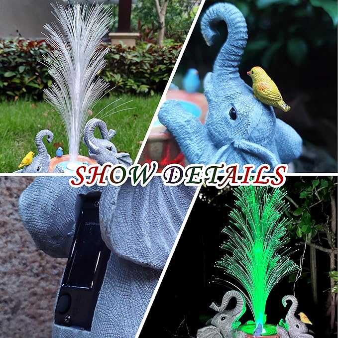 Elephant Statue Solar Garden Decor,Resin Elephant Statue and Colour Changing Optical Fiber Solar Lights,Outdoor Decor for Balcony, Garden, Patio, Yard, Lawn, Gifts for Mom Grandma