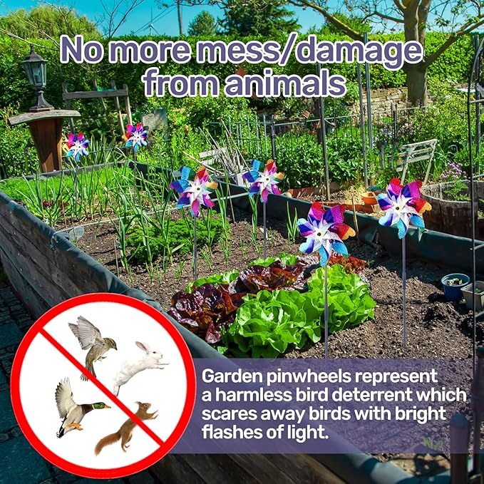BATTIFE 10 Pack Sparkly Rainbow Pinwheels, Reflective Wind Spinner for Yard and Garden with Stakes, Decor Windmill to Scare Birds Away for Lawn and Patio