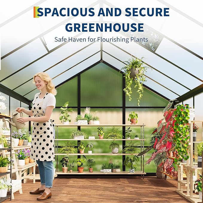 6 x 8 FT Greenhouse, Greenhouses for Outside, Polycarbonate Greenhouse with Aluminum Frame, Lockable Door and Ajustable Roof Vent for Backyard, Green Houses for Outside Garden Backyard, Patio