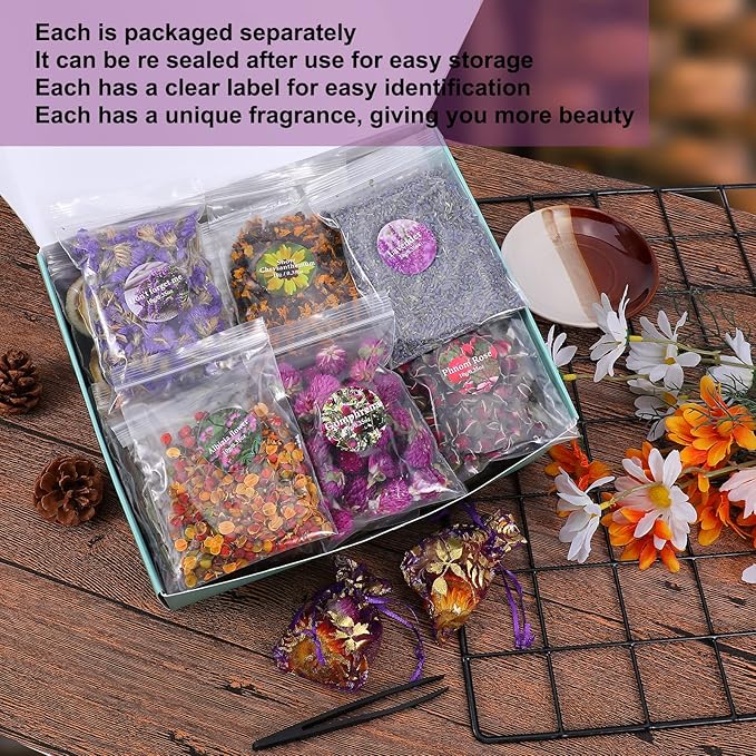 SACATR Dried Flowers, 50 Bags 100% Natural Dried Herbs Kit for Soap Making, Candle, Resin Jewelry Making, Bath, Nail - Include Rose Petals, Rosebuds, Lilium, Jasmine, Don't Forget Me and More