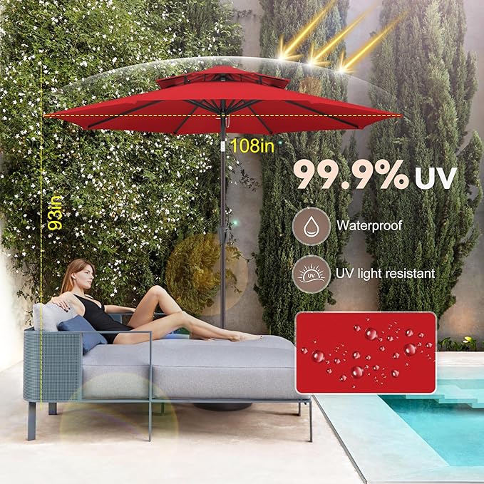 9ft Outdoor Patio Umbrella - 2 Tiers Table Umbrella Waterprool UV Protection, Sombrillas de Patio with Push Button Tilt&Crank, Sun Umbrella for Pool, Porch, Garden, Backyard(Red)