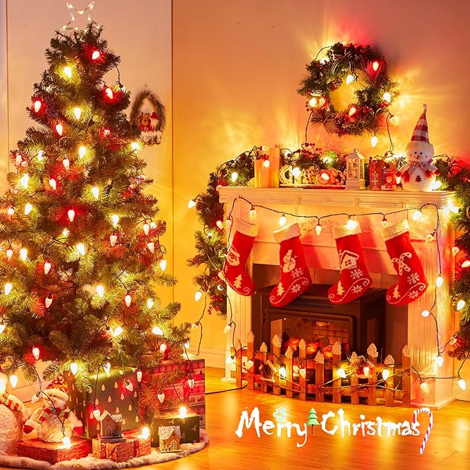 Brightown C9 LED Christmas String Lights, 66ft 100 LED Waterproof Strawberry String Lights, Plug-in Extendable Green Wire Lights String for Outdoor Outside Patio Party Decoration, Red and Warm White