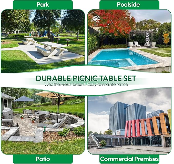 4FT Metal Picnic Tables for Outdoors, Commercial Rectangular Picnic Table and Bench Set for Outside, Patio, Garden, Backyard, Porch, Surface Mount, Grey