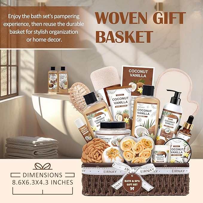 Christmas Gifts For Women - 16 PCS Birthday Gift Basket for Women Set of Coconut Vanilla Self Pampering Set, Includes Luxurious Home Spa Shower Gel Bubble Bath