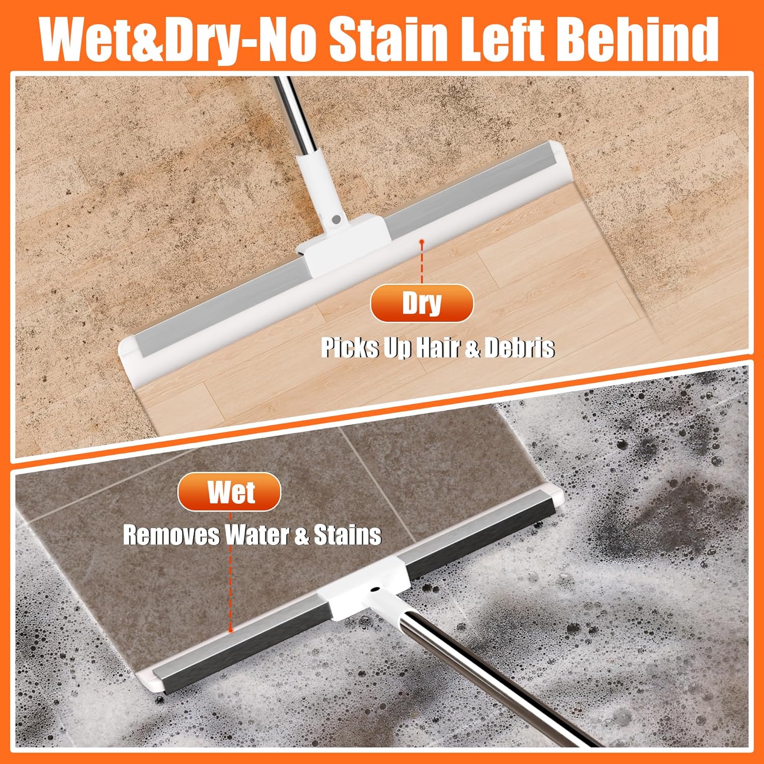 Floor Squeegee with 65" Long Handle, 180° Rotating Silicone Head, Pet Hair & Water Remover, Squeegee Broom for Shower, Tile, Garage, Concrete & Pool Cleaning