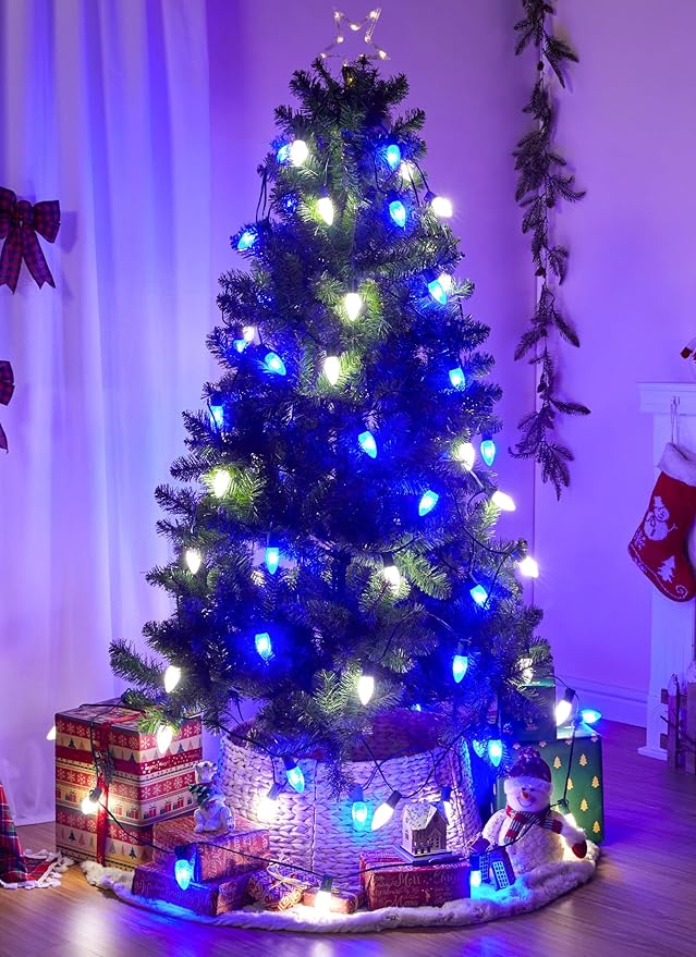 Christmas Pathway Lights Outdoor, 2 Pack 26 Ft 20 LED C9 Strawberry String Lights with Stakes, Connectable Waterproof Outside Christmas Lights Marker for Path, Lane, Patio Decor, Blue & Pure White