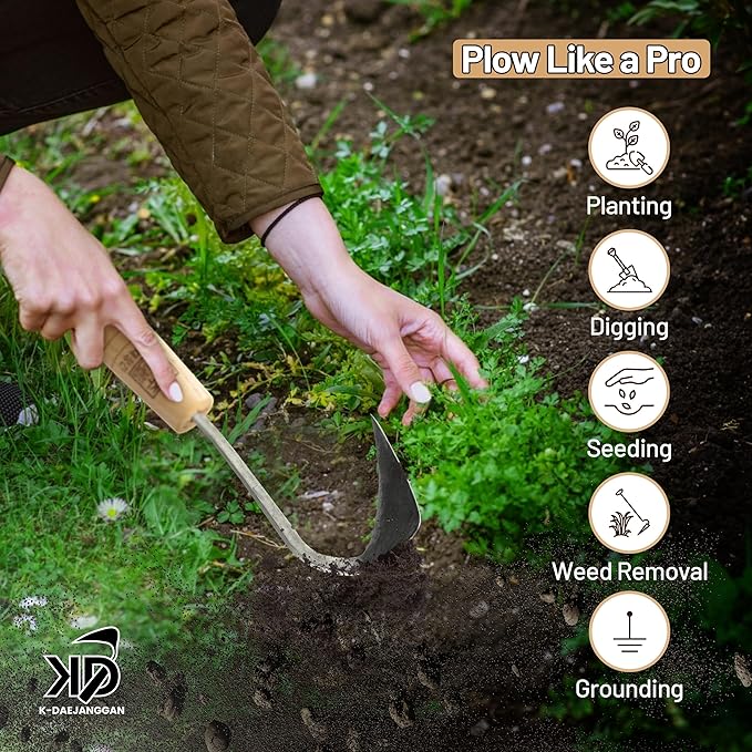Fits All Hand Sizes: Youngju Homi & Korean Garden Hand Plow Hoe - Korean Master Blacksmith Seok No Ki Crafted - Ideal for Easy Gardening, Weeding, Farming - Safety Cover Included. Authentic, Handmade